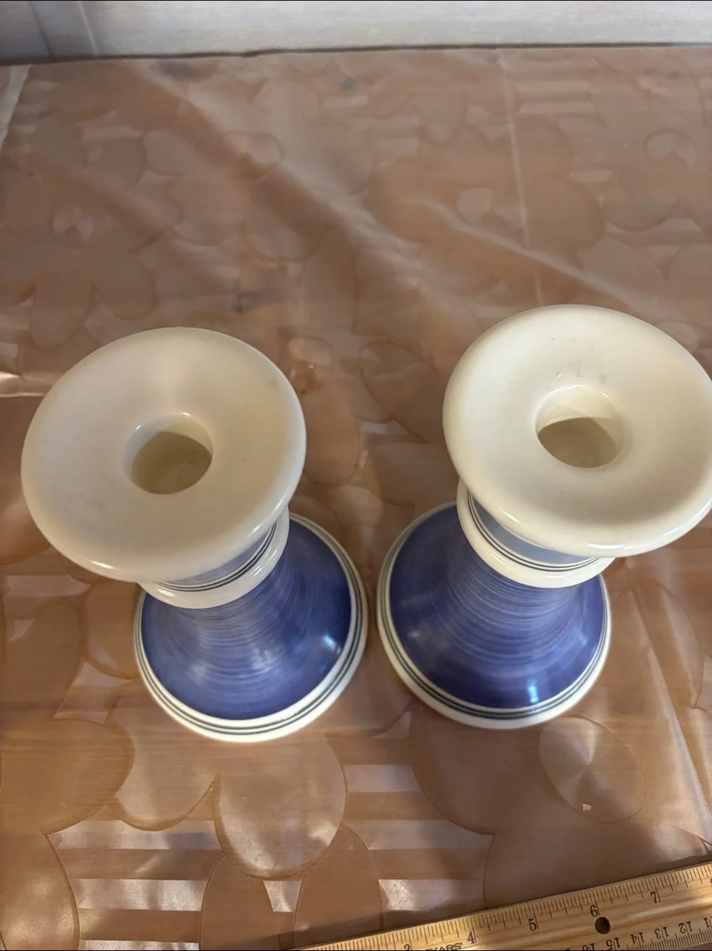 set of two vintage Pfaltzgraff Rio candle holders with a blue and white strips